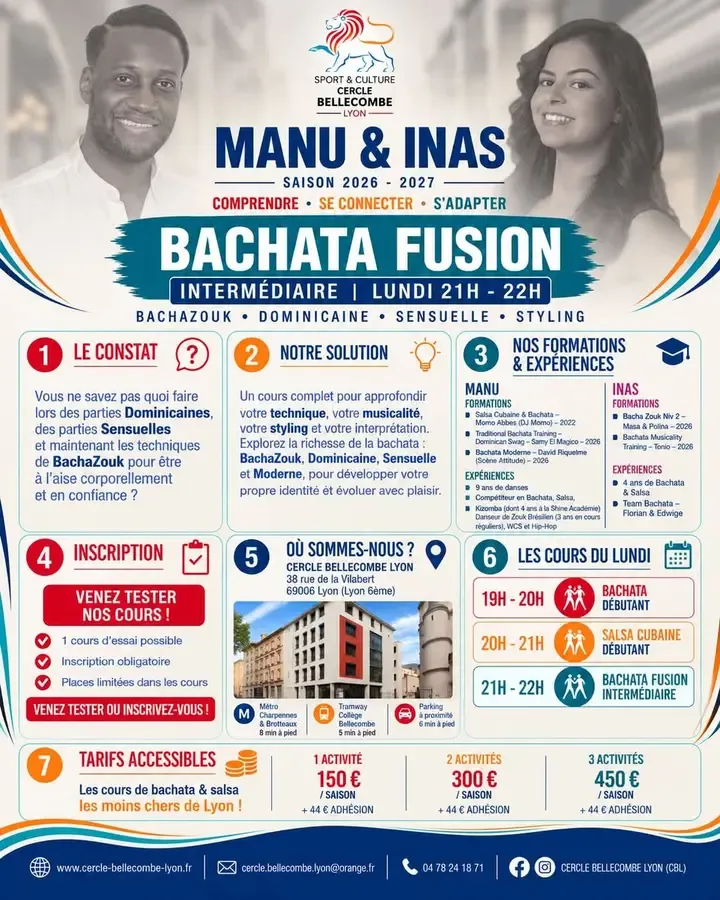 Visuel de « Cours bachata et salsa cubaine au Cercle Bellecombe Lyon », publié par bailanoche.com