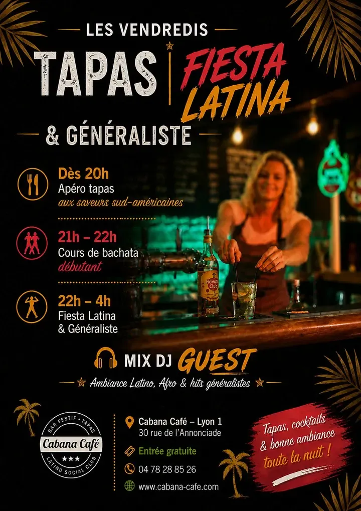 Visuel de « Soirée Tapas Fiesta Latina au Cabana Café à Lyon », publié par bailanoche.com
